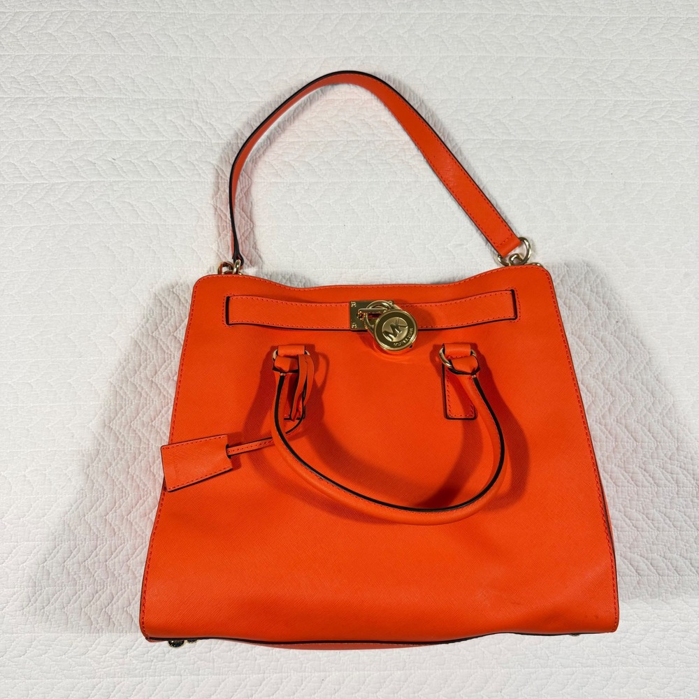 Michael Kors Hamilton Women‎ Satchel Saffiano Leather Padlock Orange Authentic